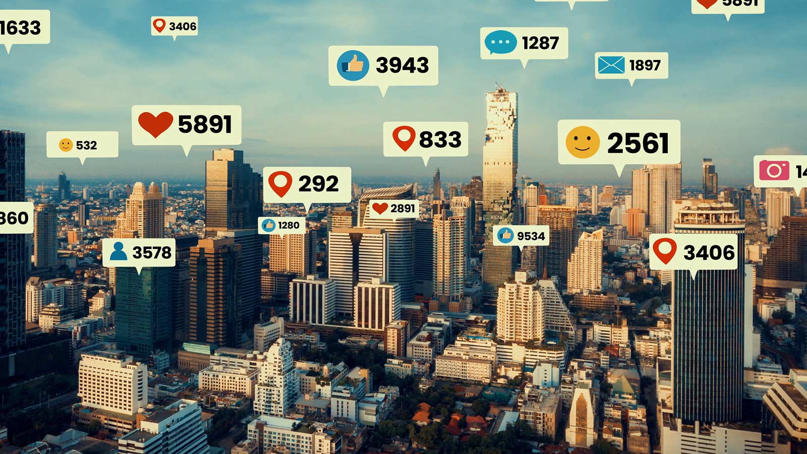 Αστικό τοπίο με bubbles από social media νούμερα