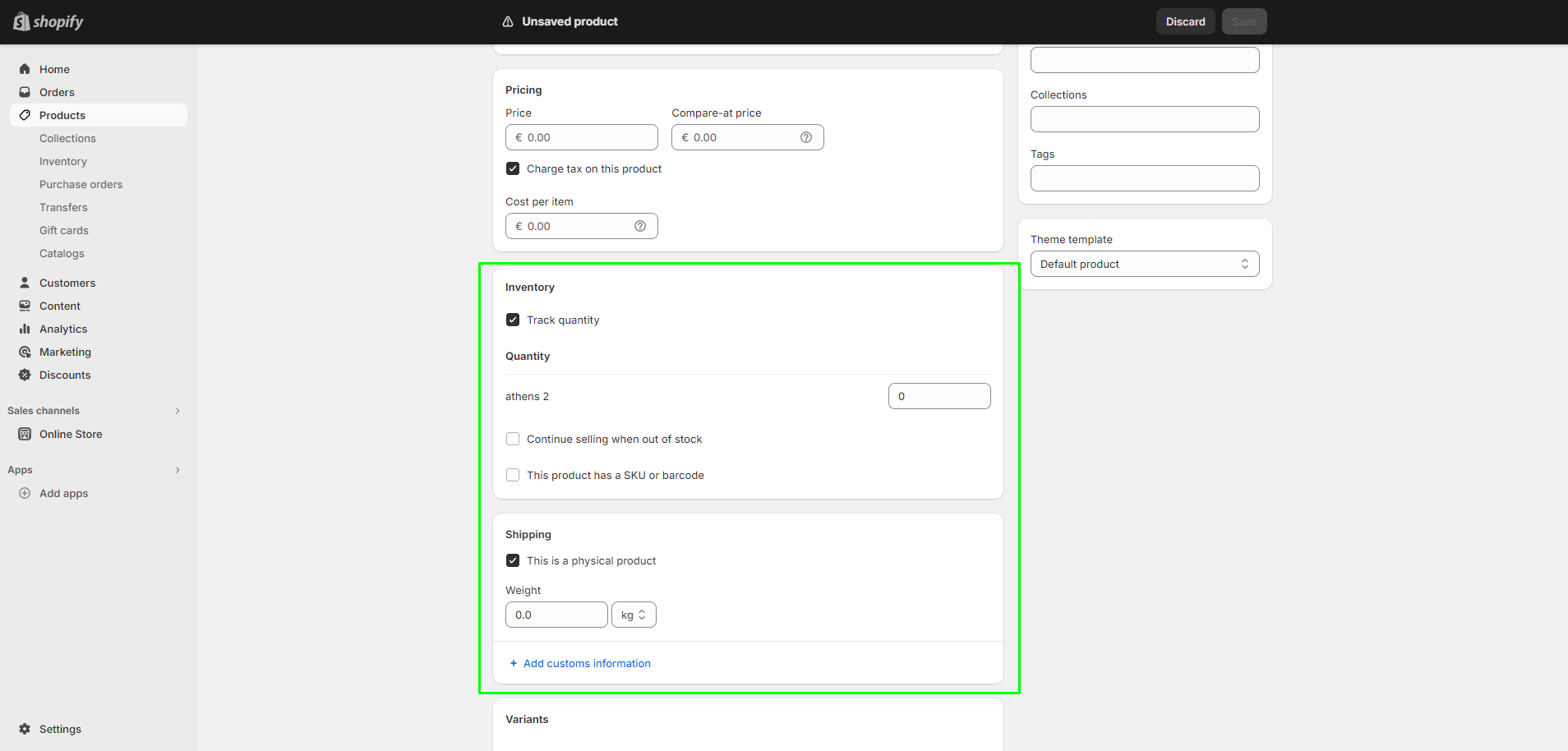 Dashboard Shopify για εισαγωγή αποθέματος και shipping