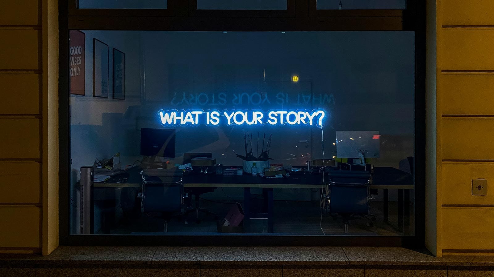 eCommerce copywriting blue neon what is your story in a shop