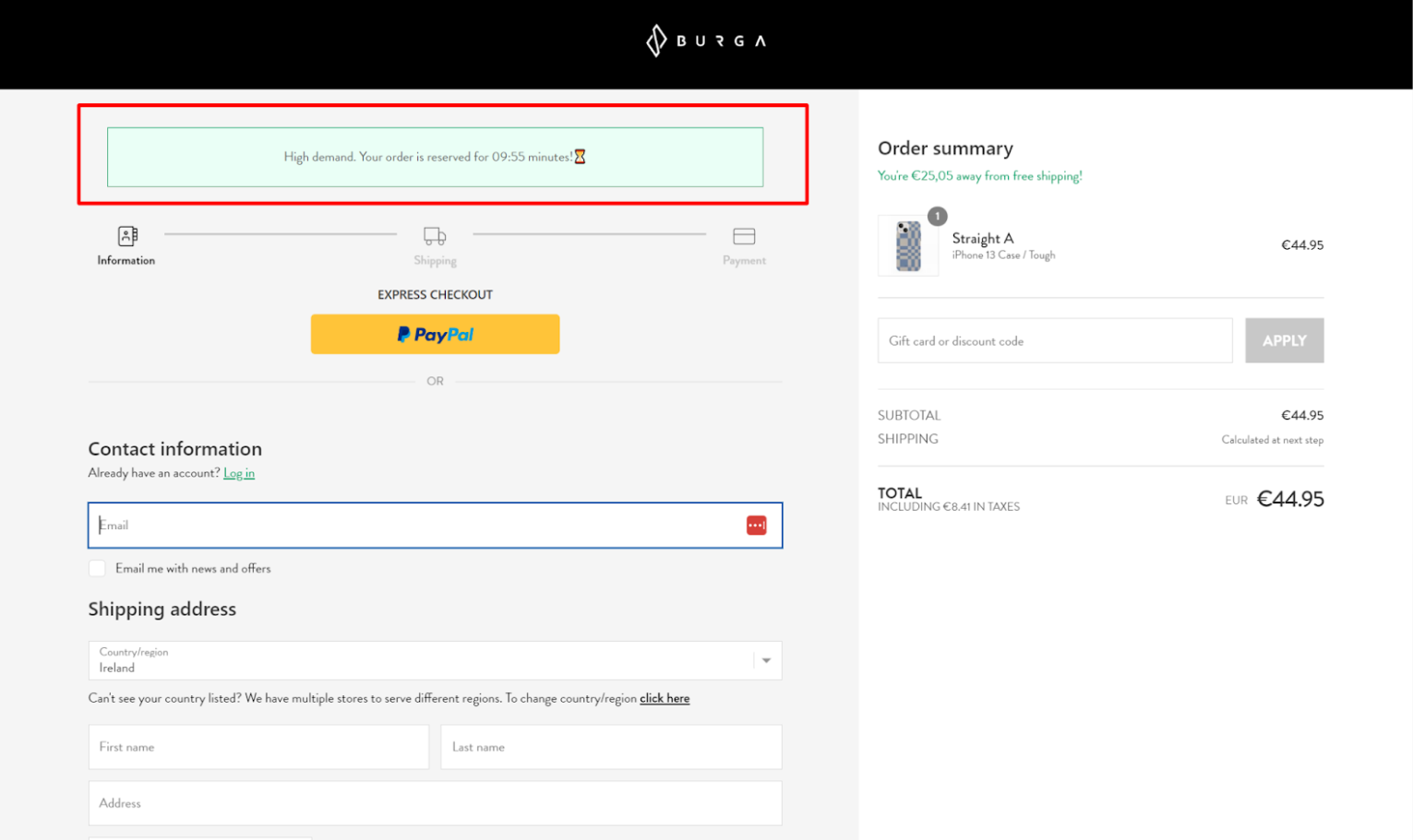Checkout page της Burga