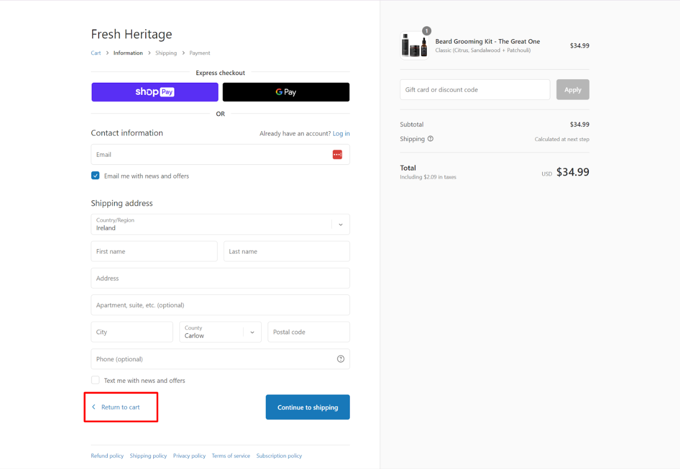 Checkout page της Fresh Heritage