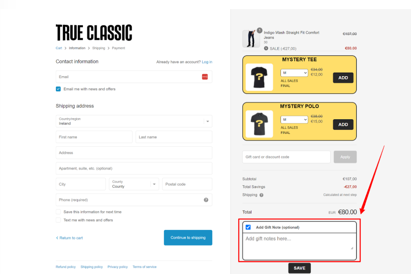 Checkout page της True Classic