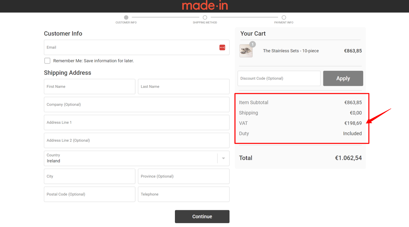 Checkout page της MadeIn