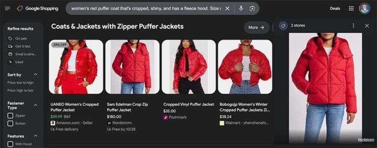 Στιγμιότυπο από το Google Shopping με πέντε φουσκωτά παλτό με φερμουάρ.