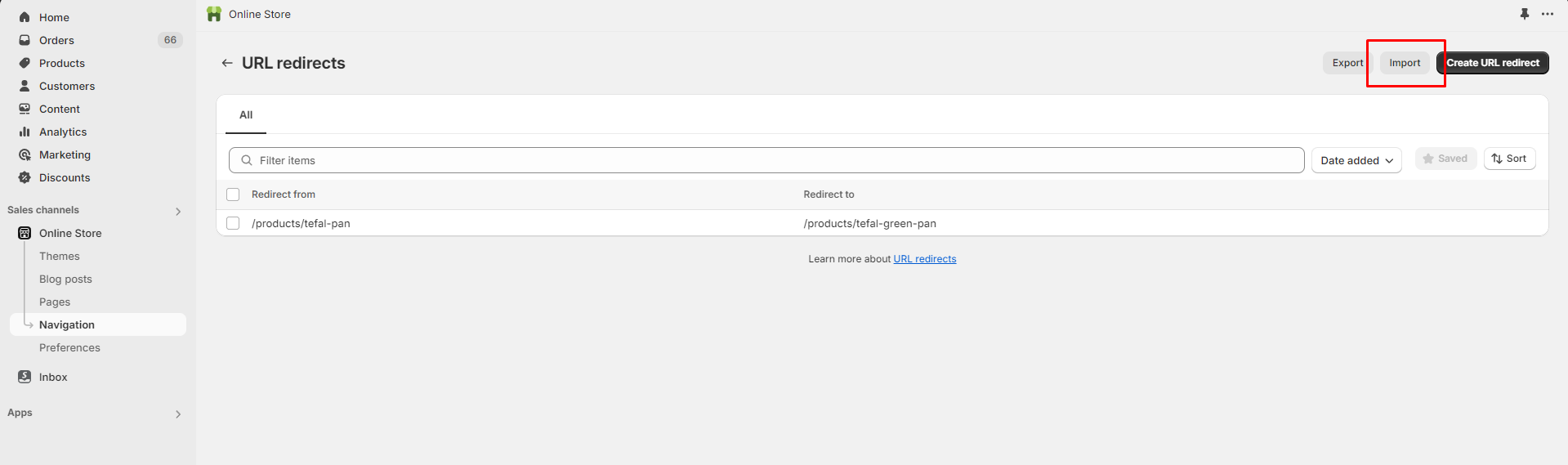 Screenshot από το Shopify admin για τα Shopify redirects