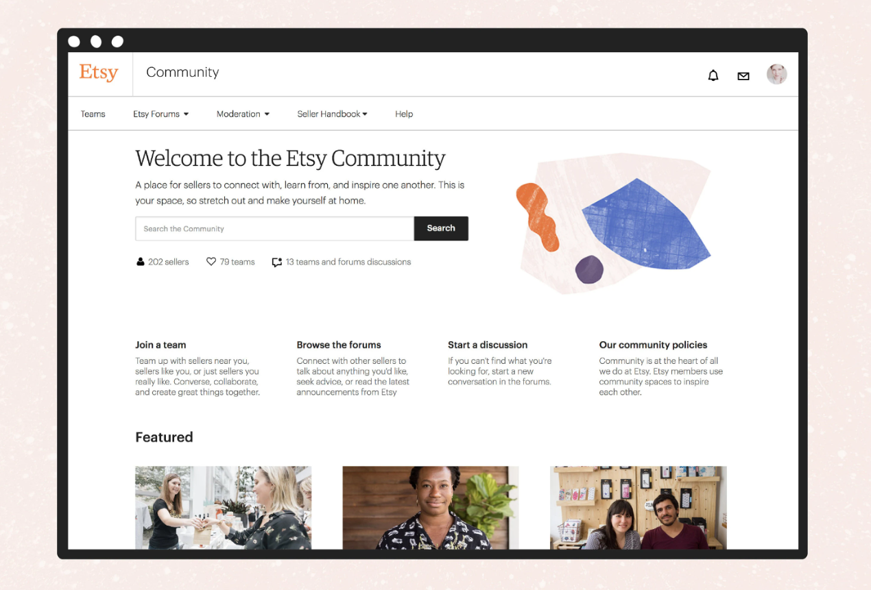 Screenshot με τα Etsy Forums και Etsy Teams