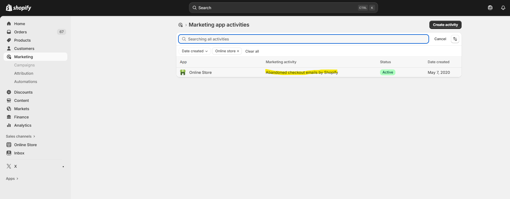 Screenshot από το admin για το Shopify abandoned cart recovery
