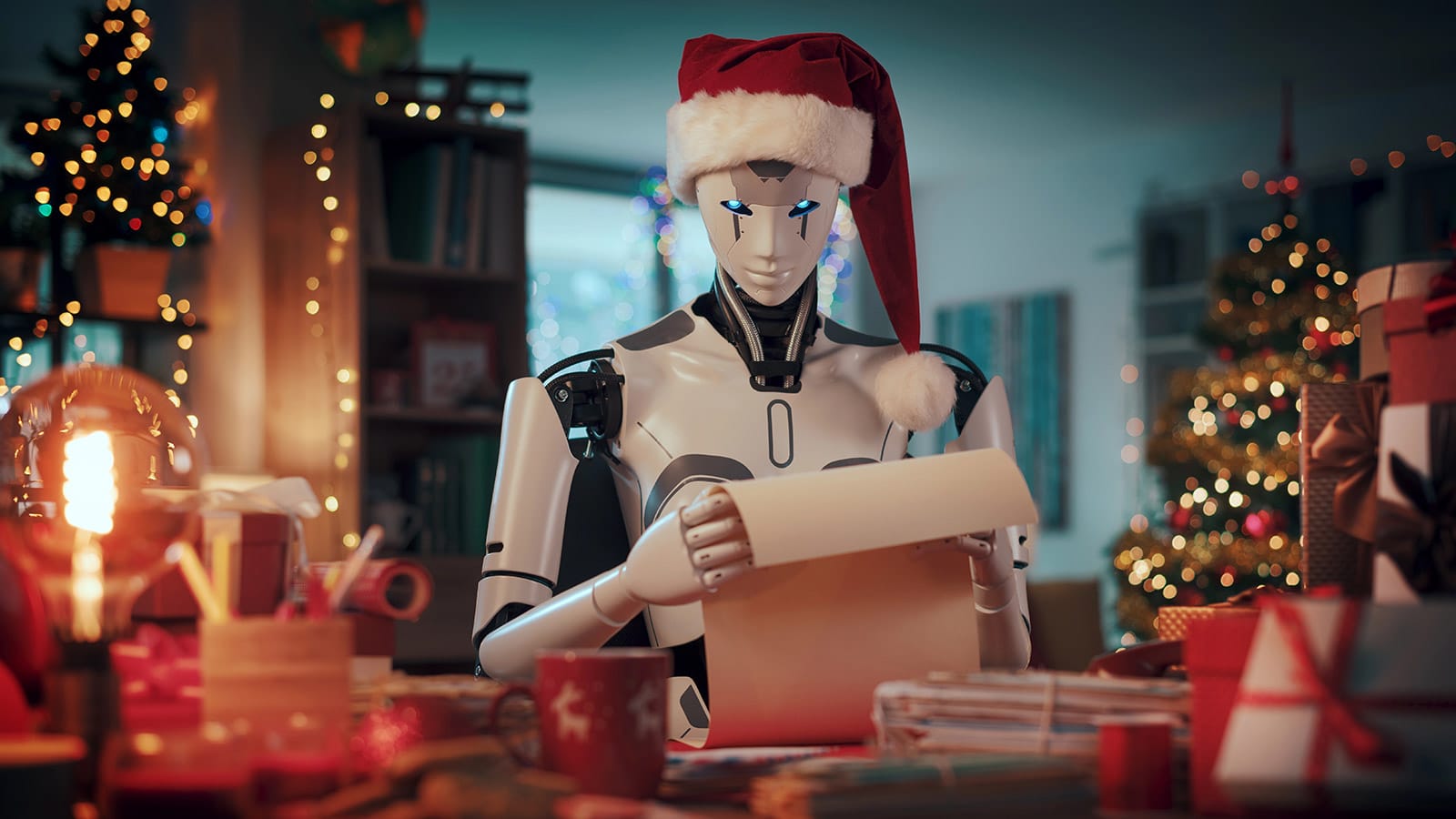 ρομπότ AI σε γραφείο που ετοιμάζει eCommerce περιεχόμενο Δεκεμβρίου