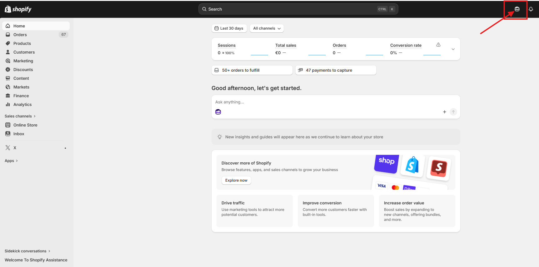 Screenshot από το Sidekick στο Shopify