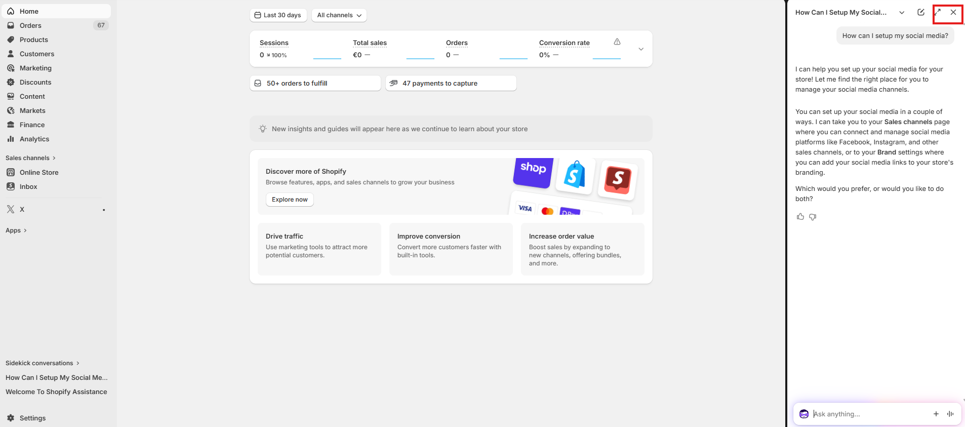 Screenshot από το Sidekick στο Shopify