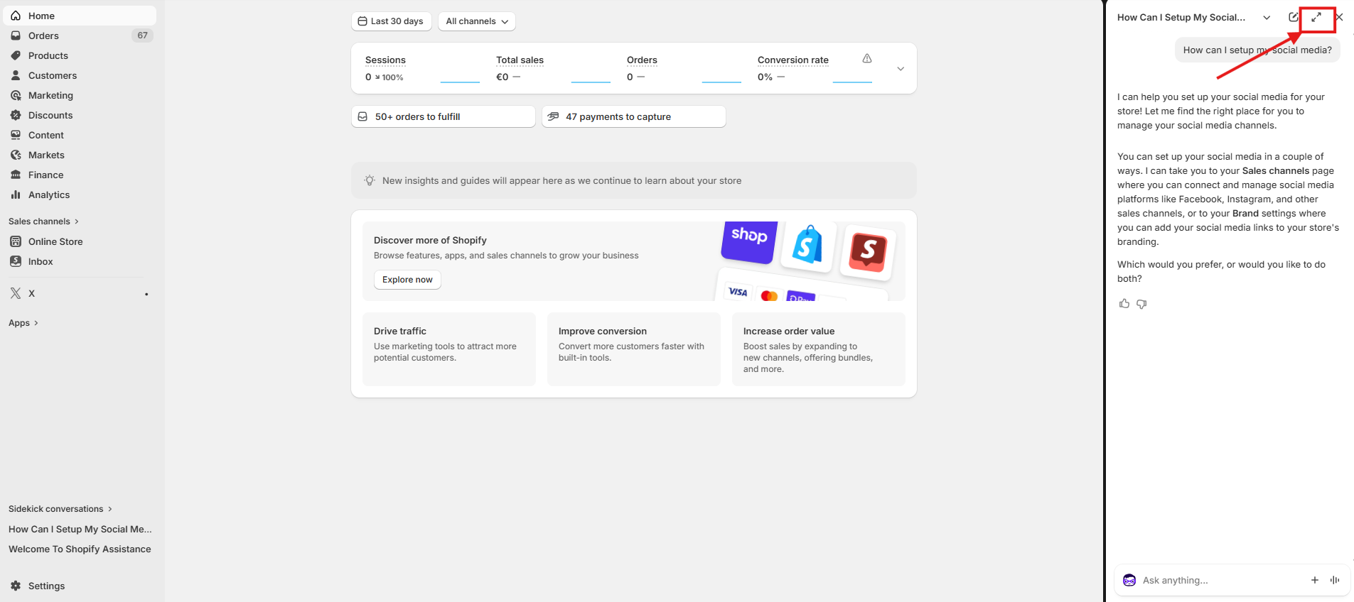 Screenshot από το Sidekick στο Shopify