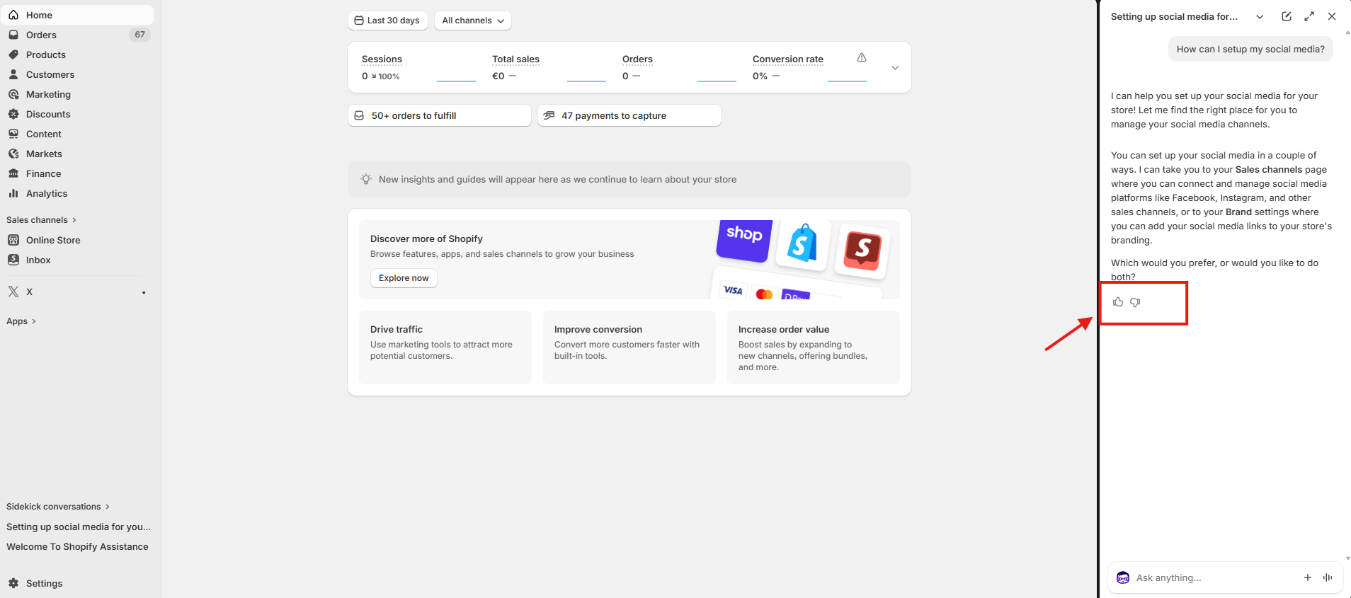 Screenshot από το Sidekick στο Shopify