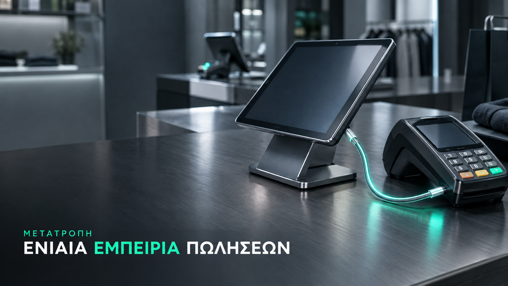 Μηχάνημα POS συνδεδεμένο σε υπολογιστή σε πάγκο καταστήματος