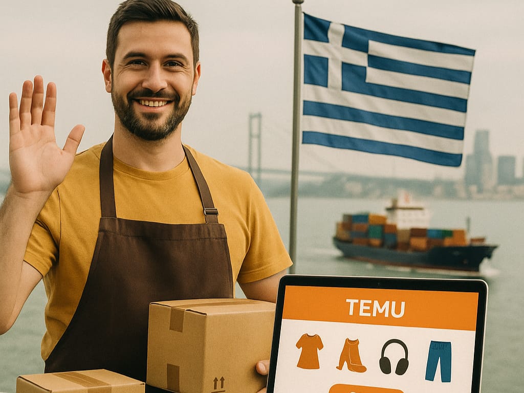 Έμπορος Temu μπροστά από την ελληνική σημαία