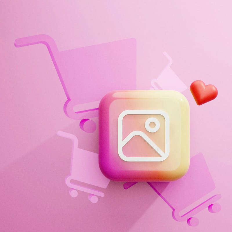 εικονίδιο instagram σε ροζ φόντο με στοιχεία καροτσάκια για instagram marketing στο shopify